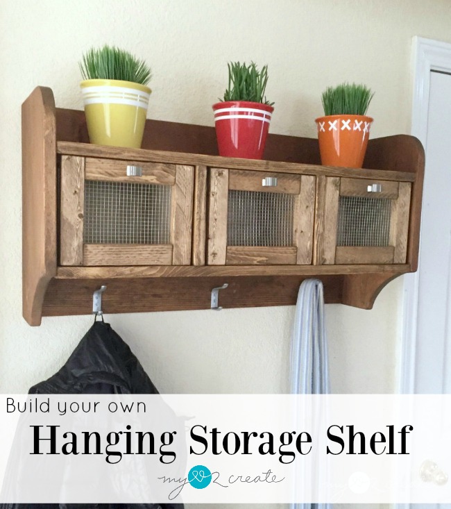 Build your own Pottery barn inspired hanging storage shelf with plans from MyLove2Create