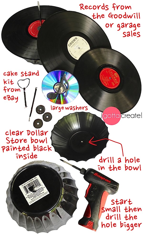 How to make a Vintage Record Cupcake Stand! I love this idea for a wedding or birthday. | music theme tutorial at I Gotta Create!