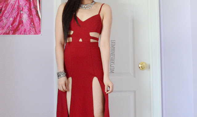 SheIn Fashion Review: Red Cutout Maxi Dress A bold, sexy formal outfit featuring the red cutout double slit Nightwalker Shera maxi dress dupe from SheIn, paired with black platform heels and silver jewelry.