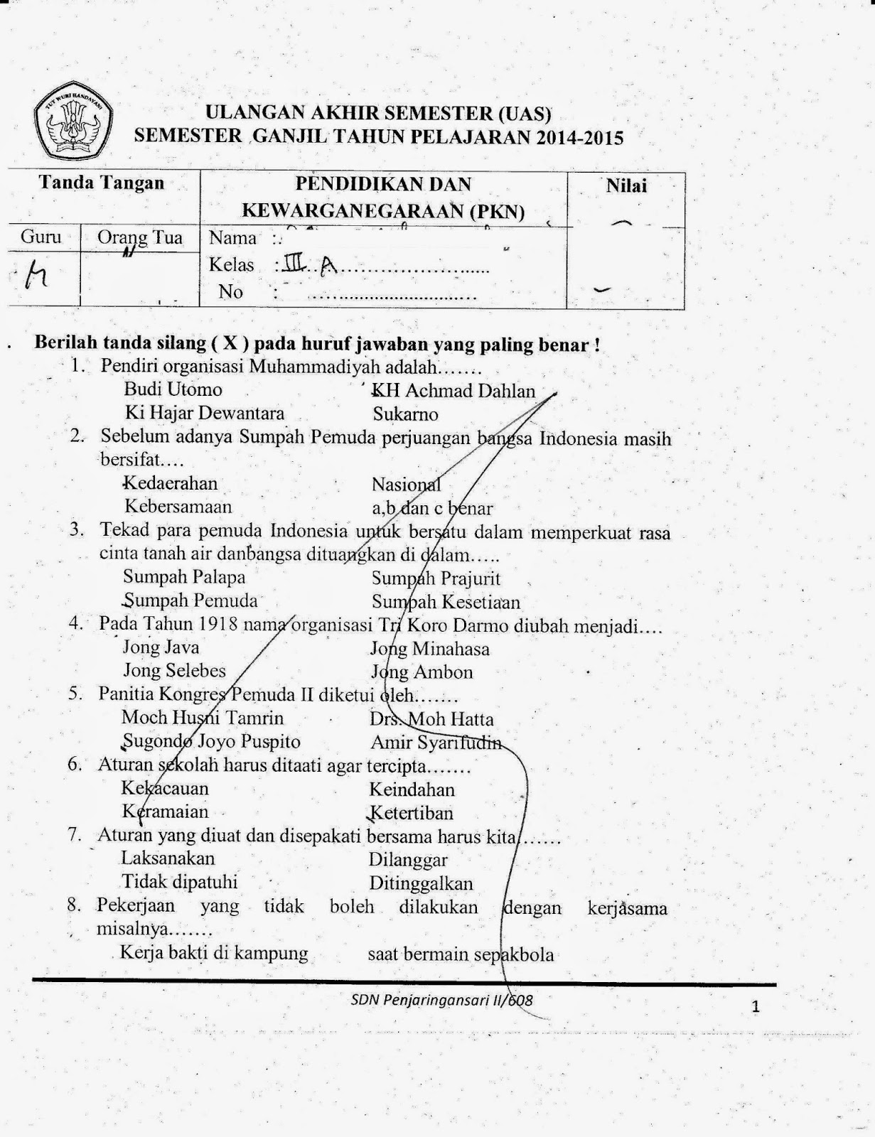 Soal Ujian Pkn Kelas 1 Sd Semester Ganjil