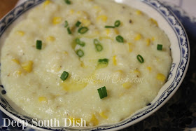 Stone ground grits, made with whole milk or half and half, chicken broth, and roasted fresh corn, scraped from the cob.