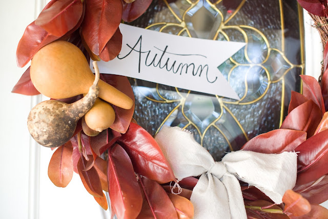 Fall magnoila wreath with dried ghords and autumn sign
