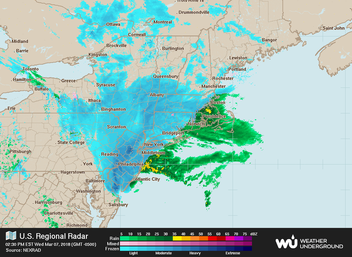 northeastern u s sector radar mosaic looped between 2 30pm and 3 15pm est march 7 2018 as prettied up by weather underground with precipitation type northeastern u s sector radar mosaic looped between 2 30pm and 3 15pm est march 7 2018 as prettied up by weather underground with precipitation type
