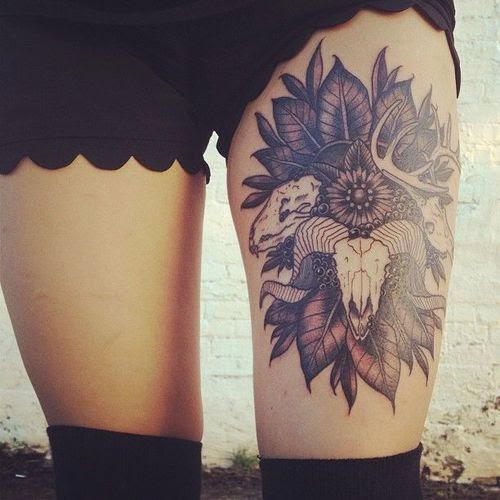 Women Thigh with Flower Tattoos, Flower with Leaves on Women Thigh, Flower and Leaves Tattoos for Women Thigh, Parts, Flower,