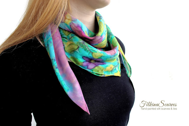 MOB gifts weddings ORDER on my Etsy shop: https://www.etsy.com/shop/FilkinaScarves ****** OOAK Summer Floral small Square scarf Silk chiffon HAND-PAINTED neckerchief Unique women mother grandmother gift for her 26 in  #mothergifts #MOB #MOG #silkscarf #filkinascarves #chiffon #silkpainting #womensfashion #chicscarves #womensgifts #Momgifts #mothersdaygifts