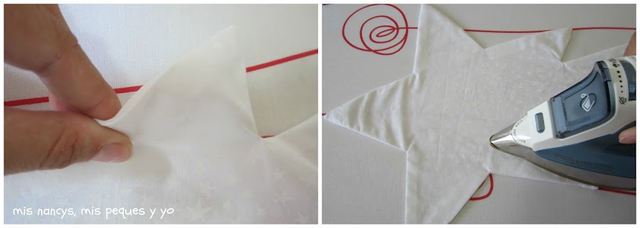 mis nancys, mis peques y yo, tutorial DIY cojín con forma de estrella de Navidad, sacar costuras y planchar