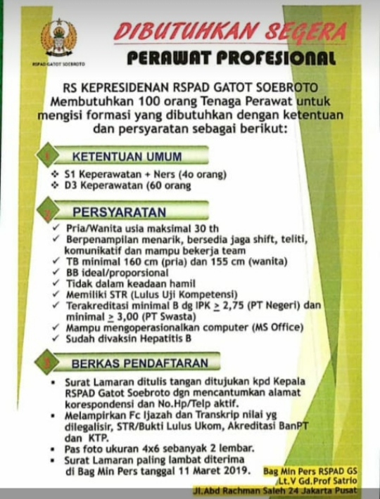 Info Lowongan Pekerjaan Perawat Di Rspad Gatot Subroto 2019