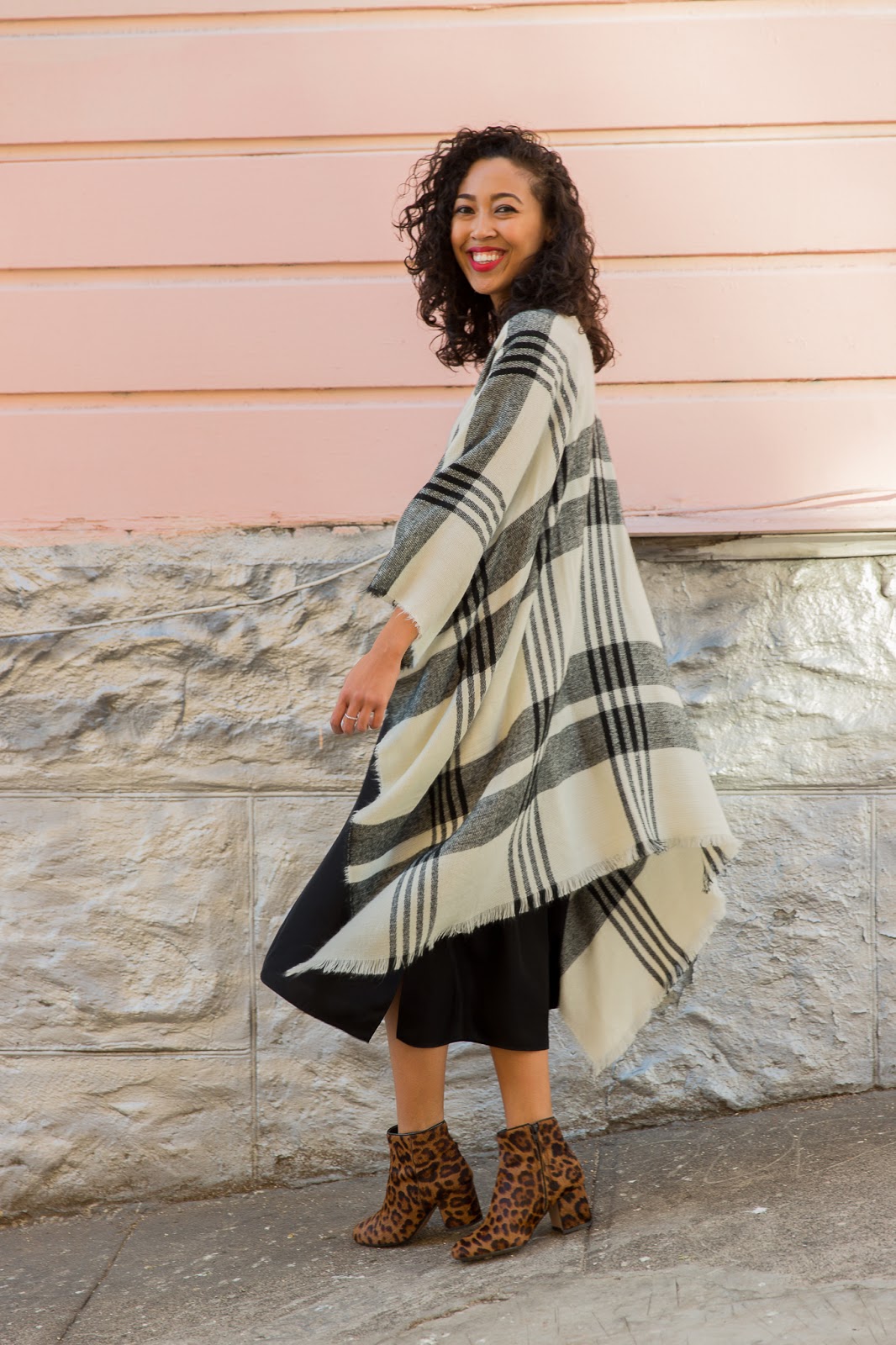 pancake stacker pancakestacker blog; #ootd; outfit; zara leopard boots; grana silk dress; furla metropolis crossbody; Nordstrom plaid poncho
