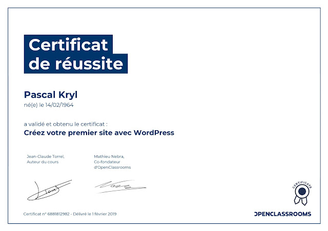 Certificat Réussite Créez votre premier site avec WordPress.