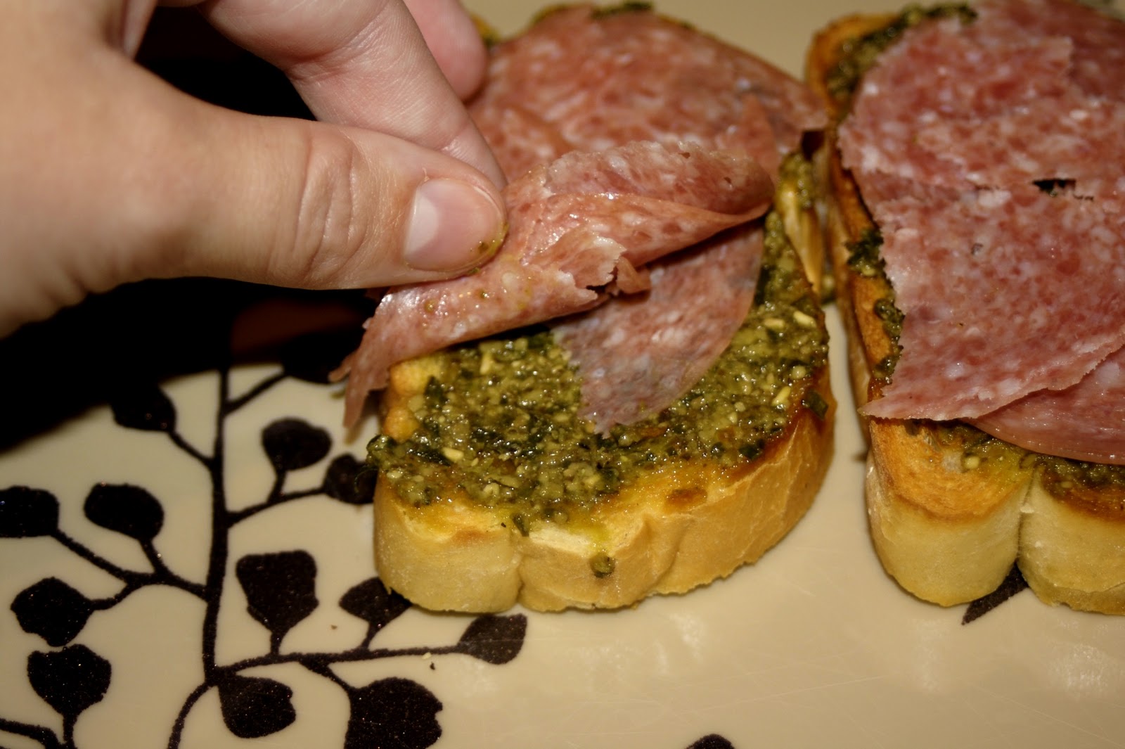 Waking Up To This Pesto Salami Bruschetta