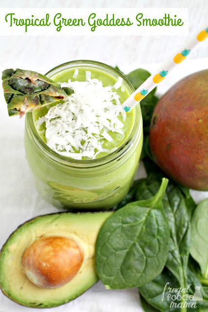 This delicious & dairy-free Tropical Green Goddess Smoothie gets its rich creaminess from a surprise secret ingredient- avocado!