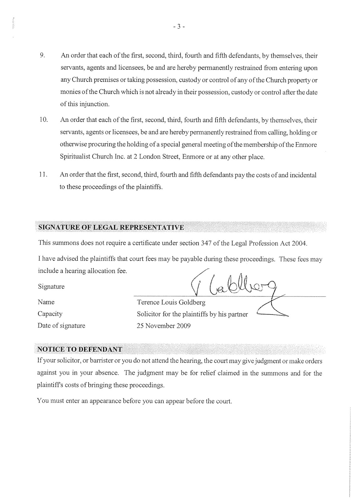 Filed Summons in relation to Supreme Court proceedings 2009/00291458-001 (then 5454/2009)
