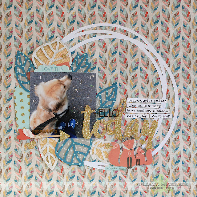Hello Today Scrapbook Page by Juliana Michaels featuring 17turtles Make A Wreath Free Digital Cut File and Pink Paislee Cedar Lane