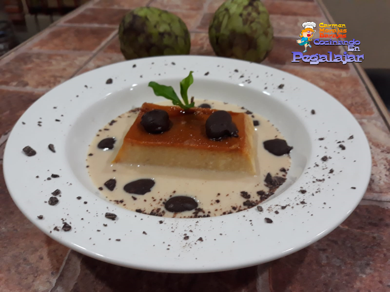 Flan de Chirimoya y sopa de Chocolate