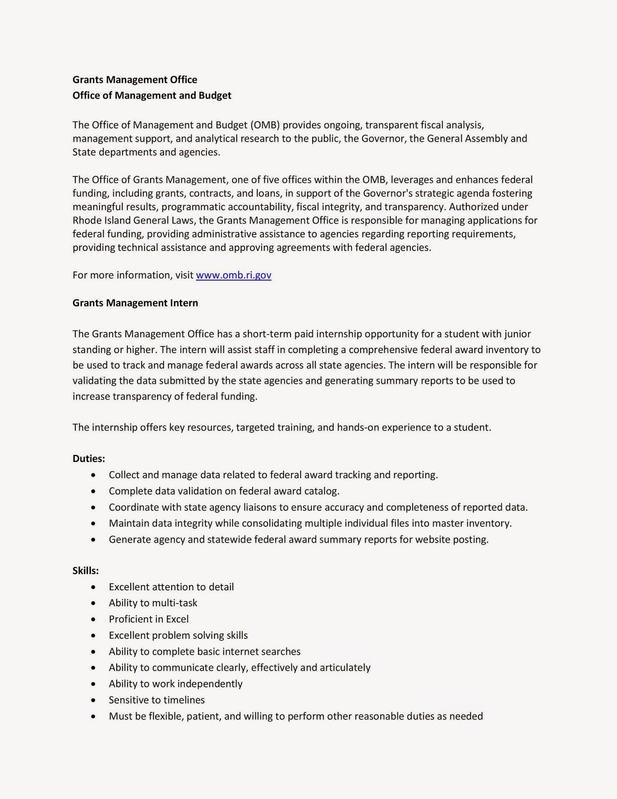 URI CBA Internship/Job Information Grants Management Office Intern