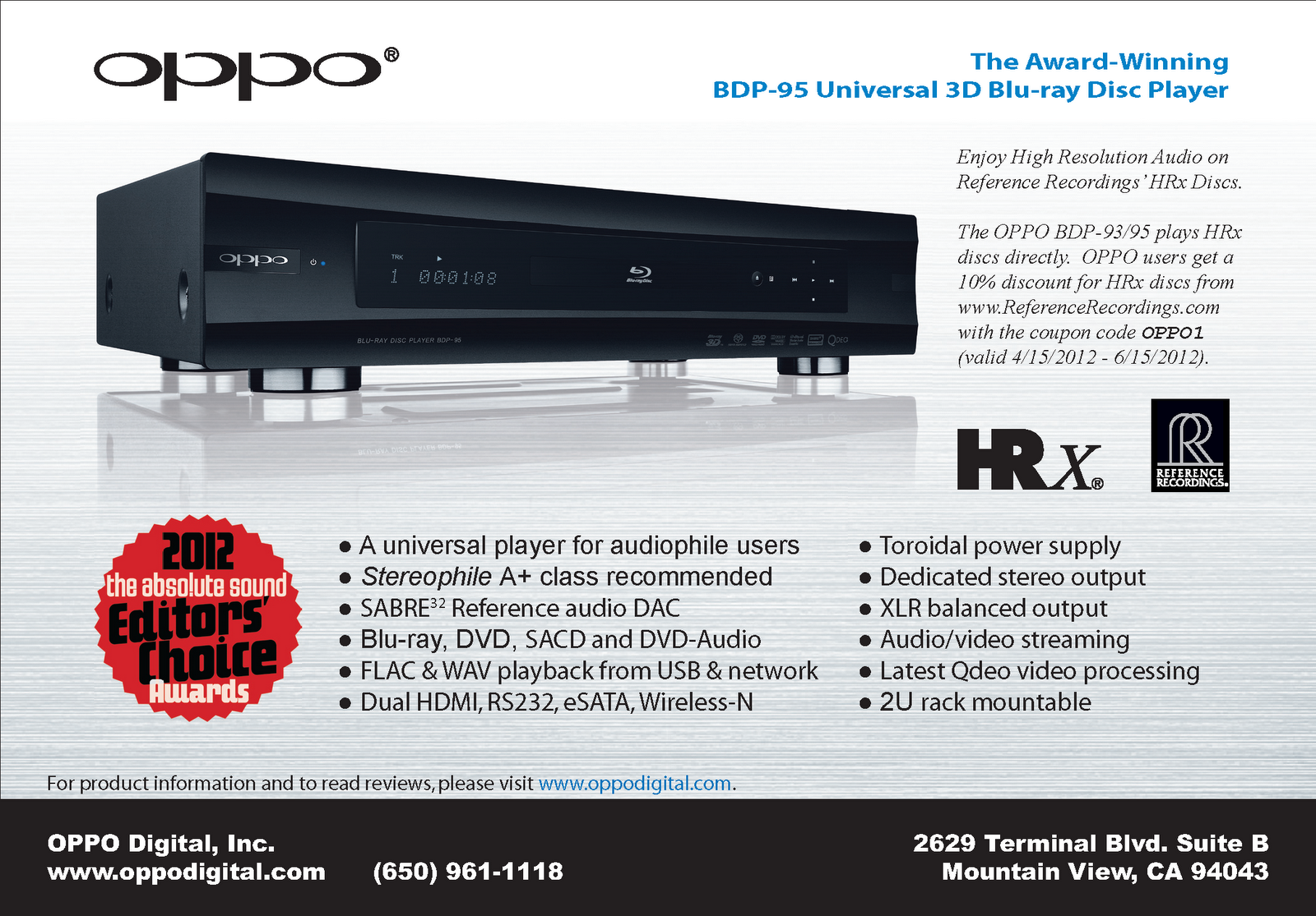 Reference Recordings: Award Winning Oppo Player Partners With HRx