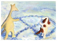 Hippa lumessa / Snow tag Postcard illustration of Hulmu Hukka and Haukku Spaniel playing tag in snow along paths.