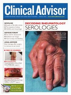 The Clinical Advisor - March 2014 | ISSN 1524-7317 | PDF HQ | Mensile | Professionisti | Medicina | Salute | Infermieristica
The Clinical Advisor is a monthly journal for nurse practitioners and physician assistants in primary care. Its mission is to keep practitioners up to date with the latest information about diagnosing, treating, managing, and preventing conditions seen in a typical office-based primary-care setting.