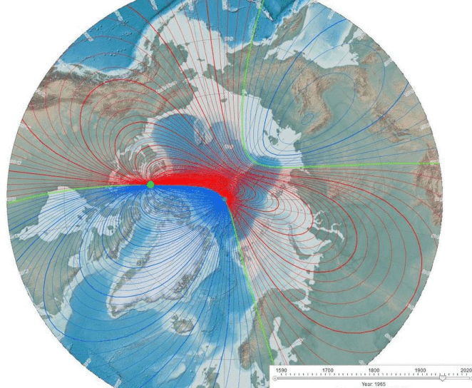 El movimiento del polo norte magnético en las últimas cinco décadas