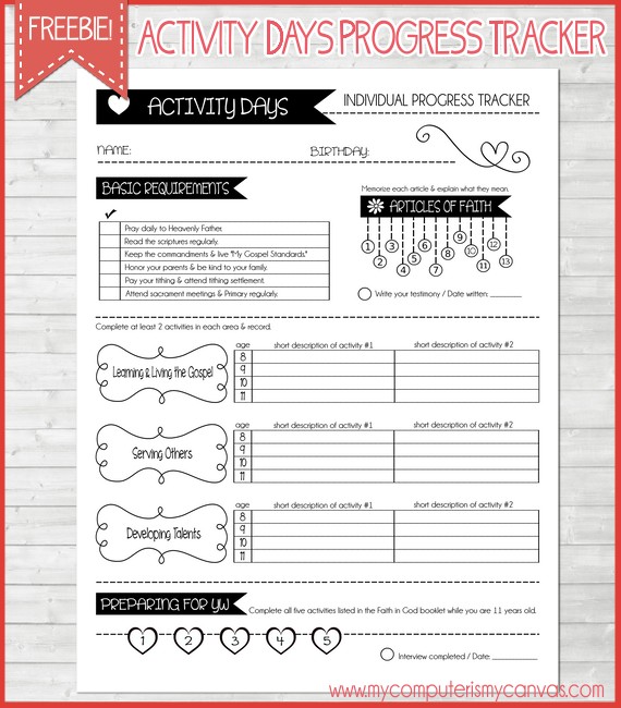 Free Printable Activity Day Progress Tracker - My Computer is My Canvas