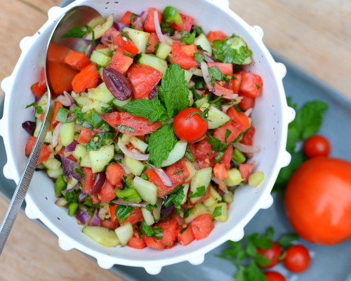 Turkish Cucumber-Tomato-Olive Chopped Salad with Sumac, another healthy summer salad ♥ AVeggieVenture.com. Vegan. Low Carb. WW Friendly. Totally Addictive.