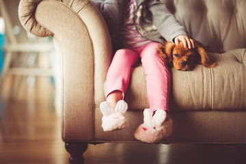 alt="perro feliz junto a una niña en el sofa"