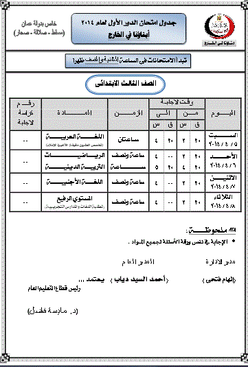 جداول امتحانات الصف الأول الابتدائى إلى الصف الثانى الثانوى الترم الثانى 2014 لدولة عمان 3p