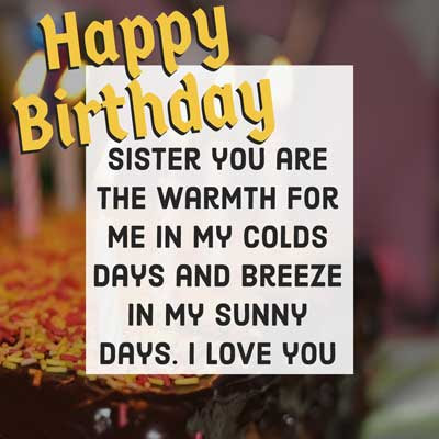 Happy Birthday Wishes for Sister 3 Sister you are the warmth for me in my colds days and breeze in my sunny days. I love you. Happy birthday.