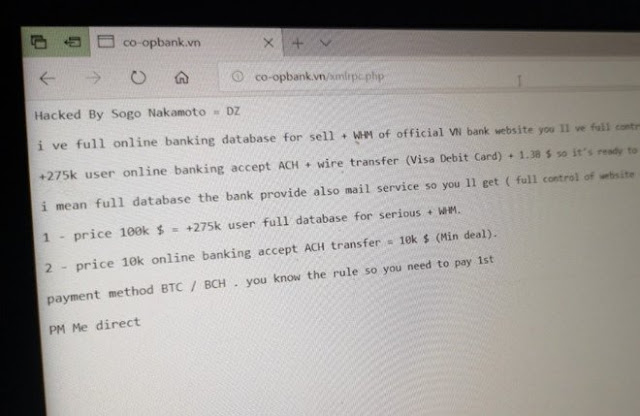 Website Ngân hàng Hợp tác xã VN bị hack, ra giá 100.000 USD