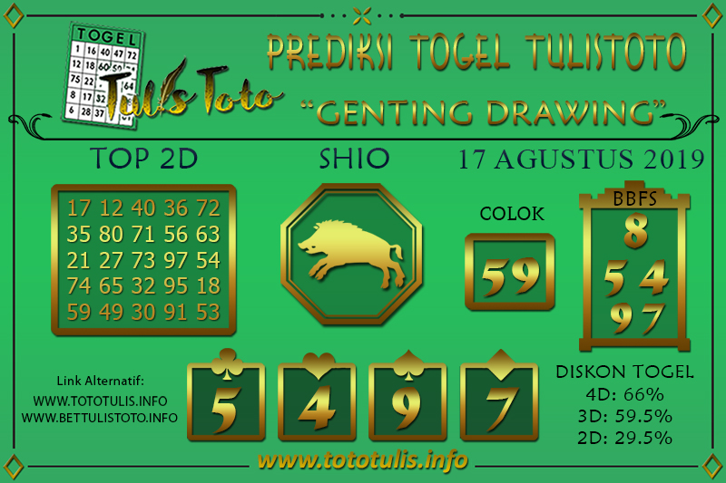 Prediksi Togel GENTING DRAWING TULISTOTO 17 AGUSTUS 2019