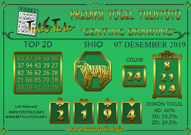 Prediksi Togel GENTING DRAWING TULISTOTO 07 DESEMBER 2019