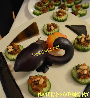 Vegan passed hors d'oeuvre at loft wedding Manhattan, NYC eggplant caponata - gluten free, vegan, low carb, plant based food catering menus