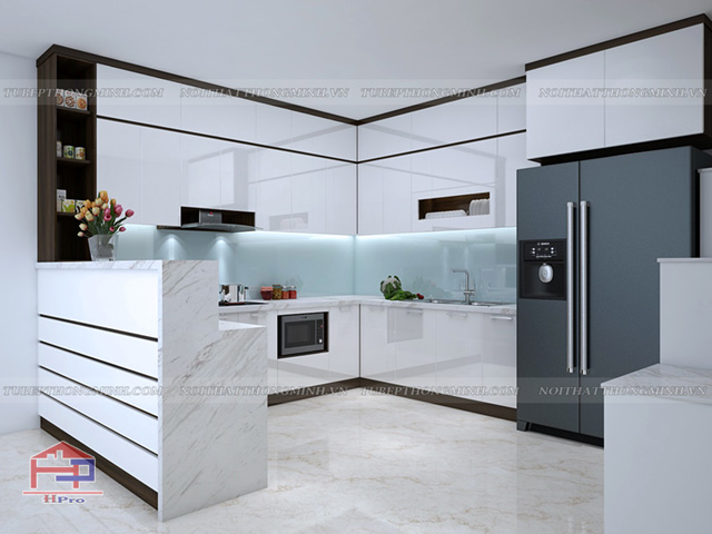 Thiết kế tủ bếp kèm quầy bar sẽ rất phù hợp cho những không gian phòng bếp liên thông phòng khách. Với kiểu thiết kế này vừa tạo sự tiện nghi vừa thể hiện được sự tinh tế và sang trọng cho không gian phòng bếp và phòng khách thiet-ke-noi-that-phong-bep-chung-cu-14