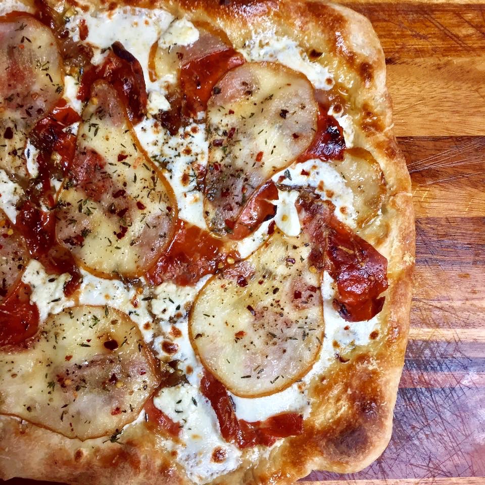Haute + Heirloom Maple Roasted Pear Pizza with Pistachio Olive Oil