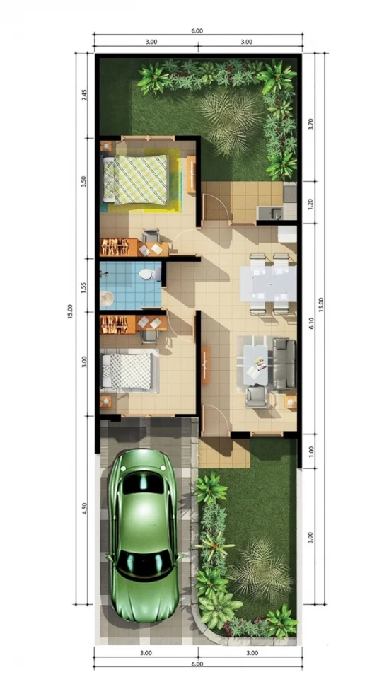 Denah rumah minimalis ukuran 6x15 meter 2 kamar tidur 1 lantai