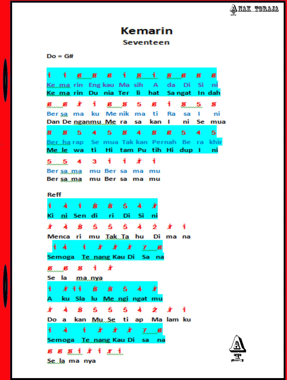 Not Angka Lagu Kemarin Seventeen Untuk Pianika