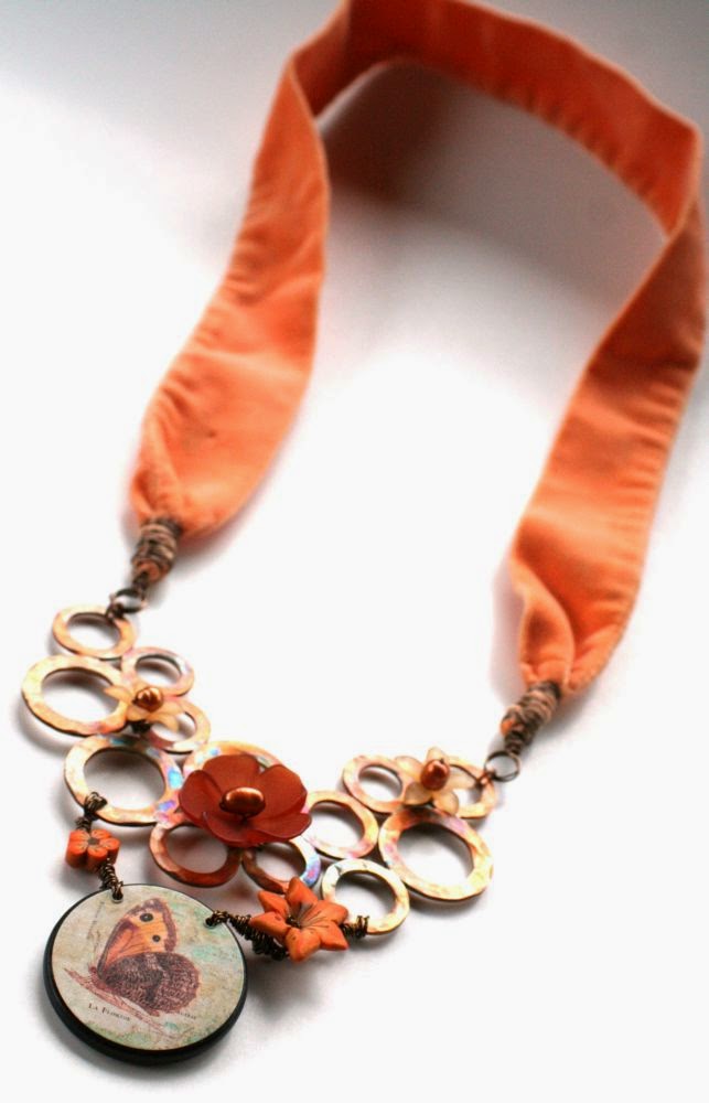 Childhood memories garden: ooak necklace ~ copper washers base, focal by Marie-Noel Voyer-Cramp of Skye Jewels, polymer clay by Elaine Robataille, pearls, lucite, vintage velvet ribbon :: All Pretty Things