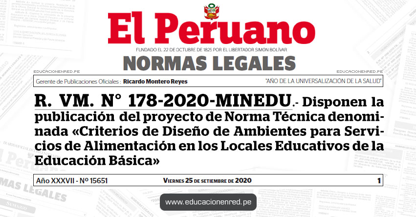 R. VM. N° 178-2020-MINEDU.- Disponen la publicación en el Portal Institucional del Ministerio del proyecto de Norma Técnica denominada «Criterios de Diseño de Ambientes para Servicios de Alimentación en los Locales Educativos de la Educación Básica» R. VM. N° 178-2020-MINEDU.- Disponen la publicación en el Portal Institucional del Ministerio del proyecto de Norma Técnica denominada «Criterios de Diseño de Ambientes para Servicios de Alimentación en los Locales Educativos de la Educación Básica»