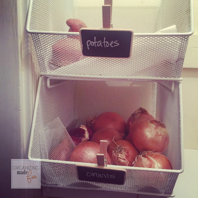 Stacking, open bins organized potatoes and onions in the pantry :: OrganizingMadeFun.com