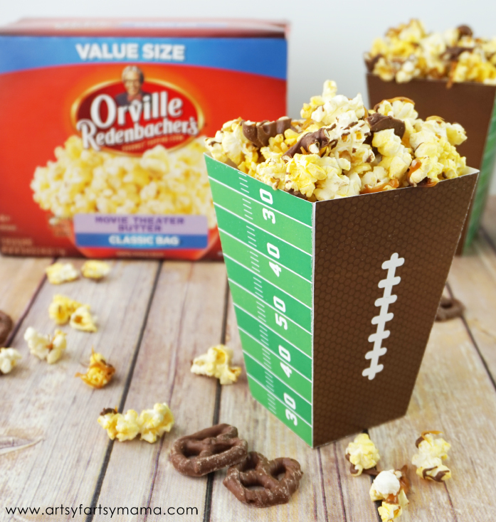 Chocolate Caramel Pretzel Popcorn with Free Printable Football Popcorn Boxes for the Big Game! #AllStarSnackBar