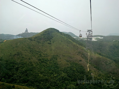 Cable cars passing the giant Buddha sitting on mountain peak