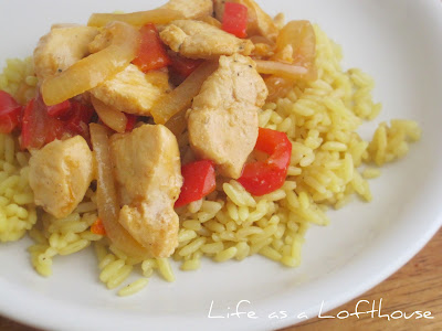 Chicken Stir-Fry is seasoned chicken, red bell peppers, and onion served over a bed of brown rice. Life-in-the-Lofthouse.com