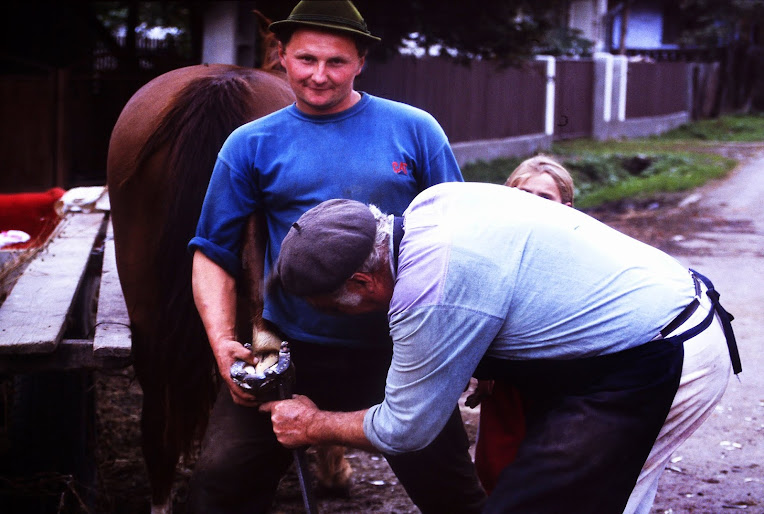 Cycle trip across Romana Blacksmith looking after horse in Romania
