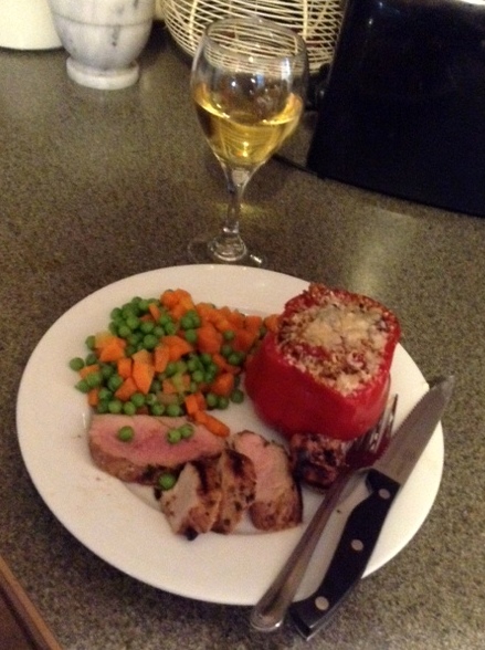 Our Healthy Eating Journey: pork tenderloin and Hubby's stuffed peppers plate with stuffed peppers, pork tenderloin and carrots and peas