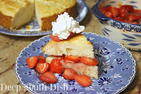 Classic Strawberry Shortcake A dense, lightly sweetened cake, perfect for sugar sweetened strawberries and whipped cream.