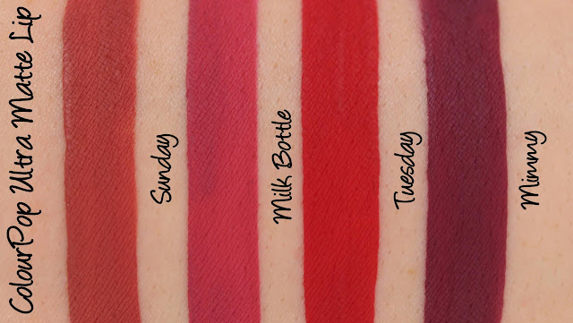 ColourPop Ultra Matte Lip - Sunday, Milk Bottle, Tuesday and Mimmy Swatches & Review