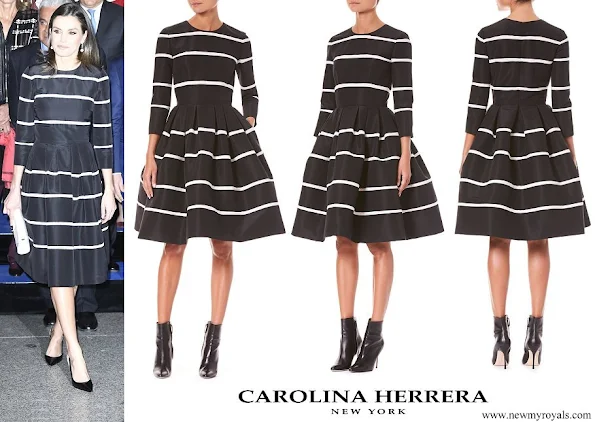 Queen Letizia wore Carolina Herrera Three-Quarter Sleeve Fit-and-Flare Striped Cocktail Dress