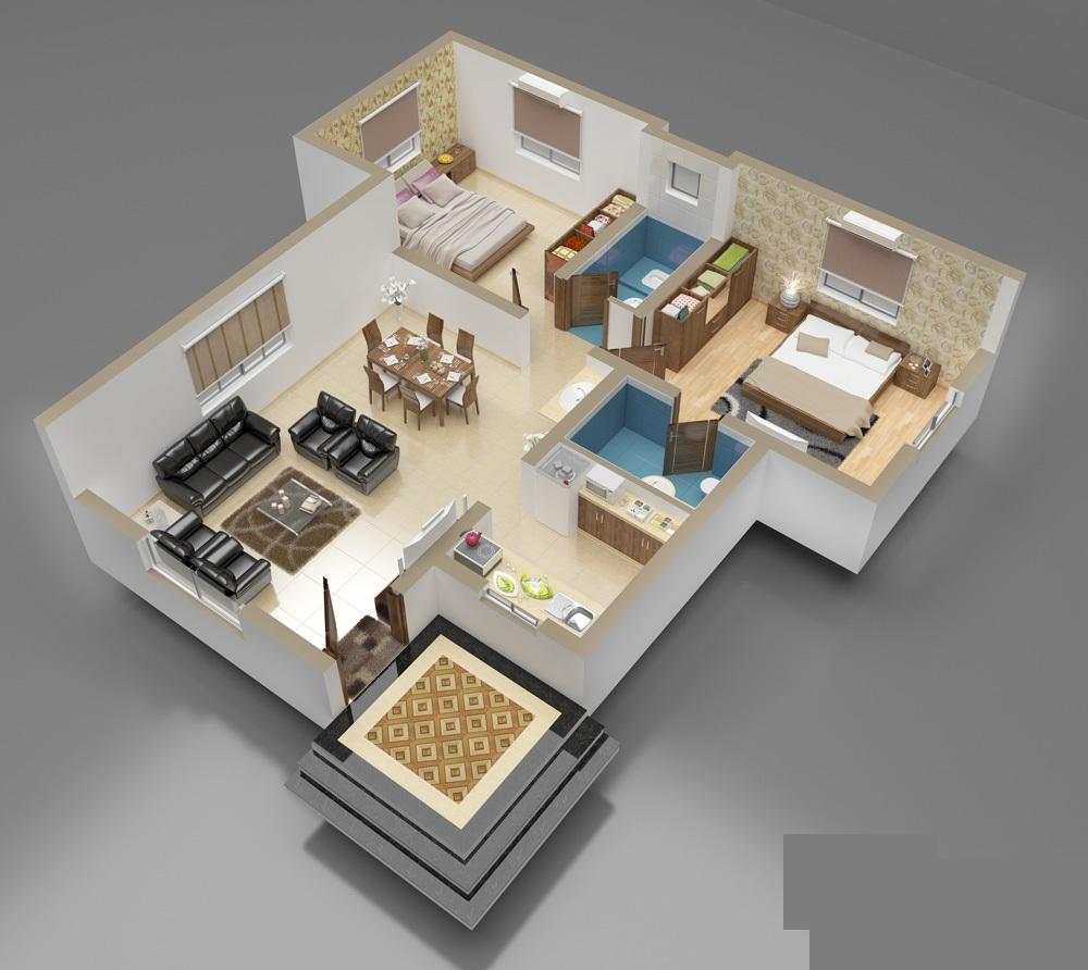 3D Front Elevation com 3D Interior  of House  Plan 