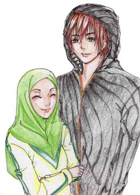 kartun islami pasangan remaja romantis berjilbab