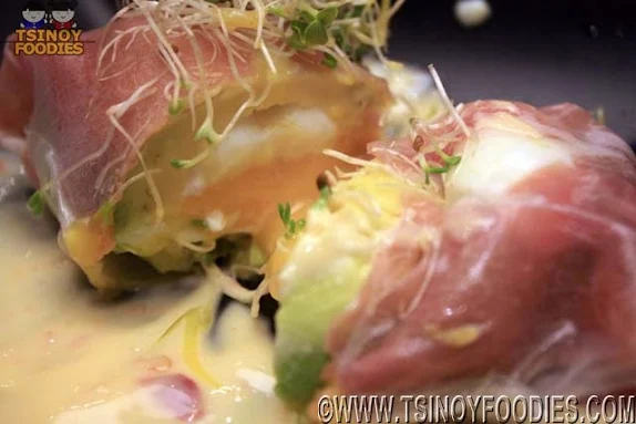 spring roll of proscuitto avocado onsen egg
